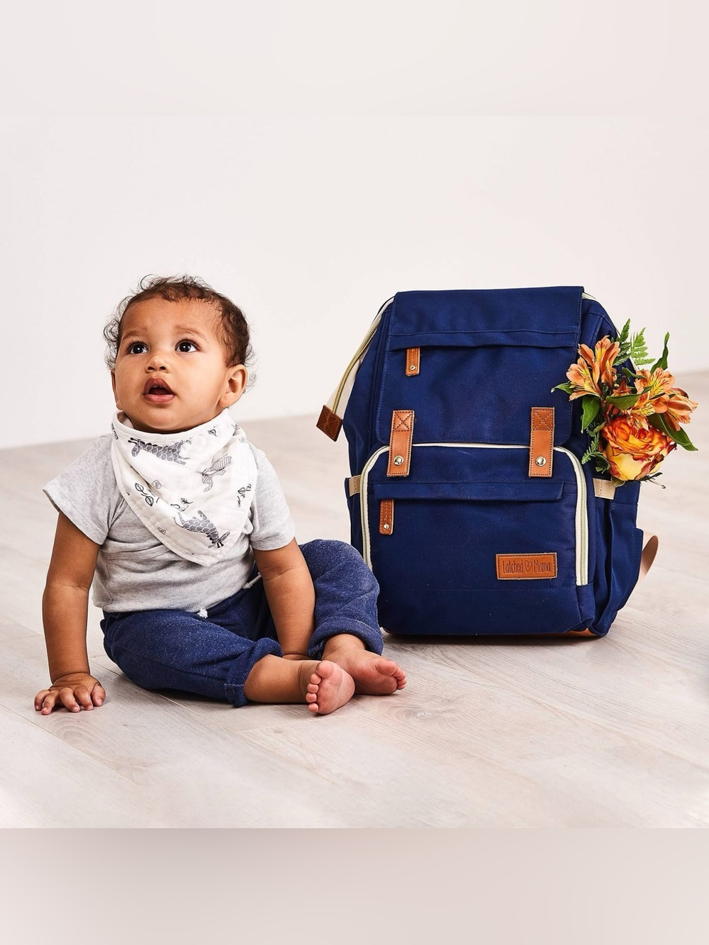 Latched Mama Navy Baby Bag with Tan Accents